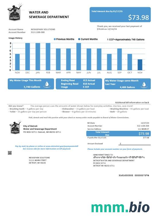 USA Ohio City of Detroit water rachunek za usługi komunalne szablon w formacie Word i PDF